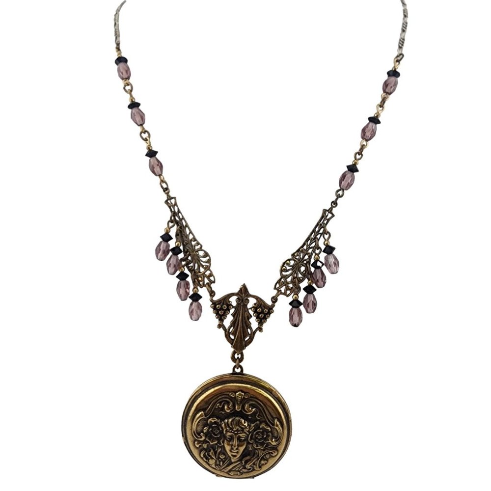 Vintage Signed Sadie Green Art Nouveau Lady Locket Necklace (A3392)
